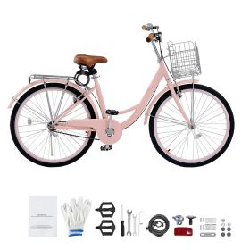 Cruiser Bike, 1-Speed, 26-Inch Pink Beach Cruiser Bike with Large Capacity Basket and Rear Rack, Secure & Sturdy Cruiser Bike with Adjustable Sea