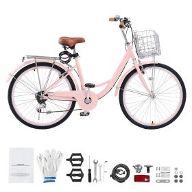 Cruiser Bike, 7-Speed, 26-Inch Pink Beach Cruiser Bike with Large Capacity Basket and Rear Rack, Secure & Sturdy Cruiser Bike with Adjustable Sea