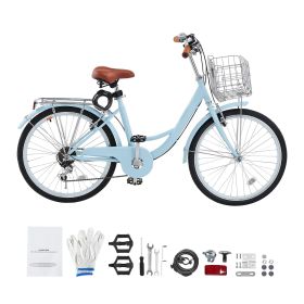 Cruiser Bike, 7-Speed, 26-Inch Light Blue Beach Cruiser Bike with Large Capacity Basket and Rear Rack