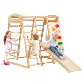 Indoor Jungle Gym, 7-in-1 Toddler Indoor Playground, Wooden Toddler Climbing Toys Indoor with Wood & Rope Ladder, Net Ladder, Swing, Monkey Bar,